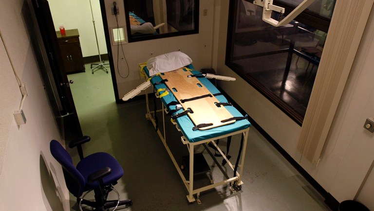 The execution chamber at the Washington State Penitentiary is shown with the witness gallery behind glass at right, in Walla Walla, Wash.