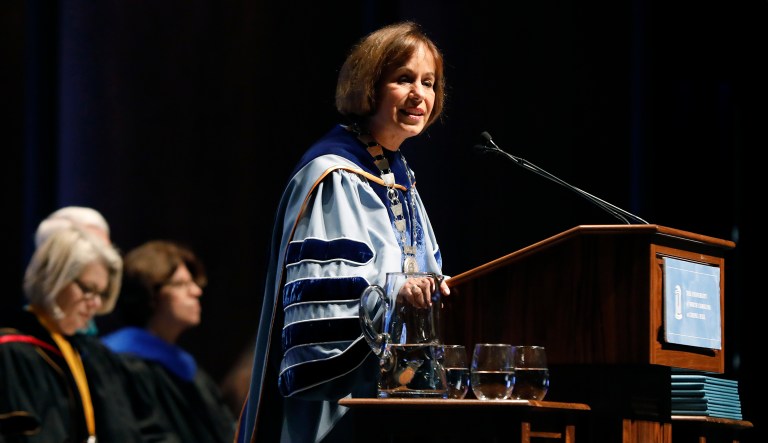 UNC Chapel Hill Chancellor Carol Folt speaks during University Day at Memorial Hall in Chapel Hill, N.C. Folt apologized Friday for the school's history of slavery, adding that words alone are not enough to atone for using enslaved people to build and maintain the campus.