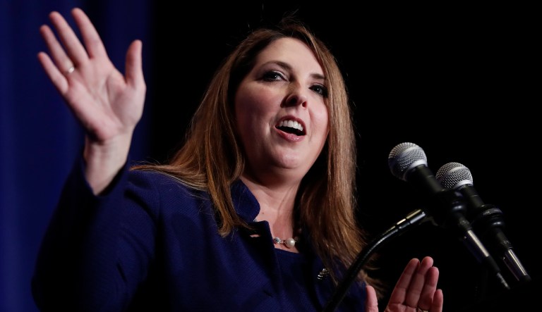 Ronna Romney McDaniel, chairman of the Republican National Committee, speaks at the Indiana Republican Party Fall Dinner in Indianapolis, Friday, Oct. 12, 2018.