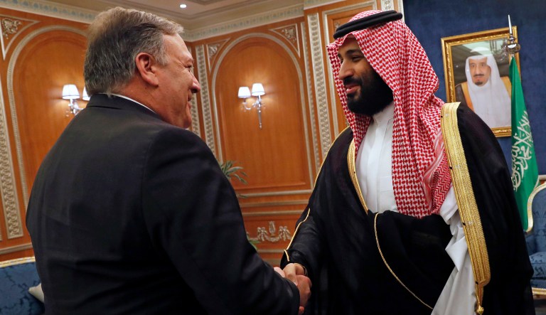 Secretary of State Mike Pompeo shakes hands with the Saudi Crown Prince Mohammed bin Salman in Riyadh, Saudi Arabia, Tuesday Oct. 16, 2018.