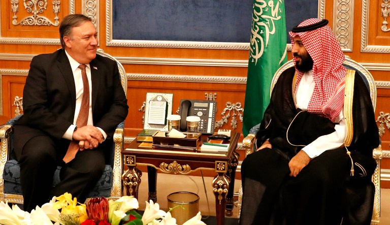 U.S. Secretary of State Mike Pompeo meets with the Saudi Crown Prince Mohammed bin Salman in Riyadh, Saudi Arabia, Tuesday Oct. 16, 2018. Pompeo also met on Tuesday with Saudi King Salman over the disappearance and alleged slaying of Saudi writer Jamal Khashoggi, who vanished two weeks ago during a visit to the Saudi Consulate in Istanbul. 