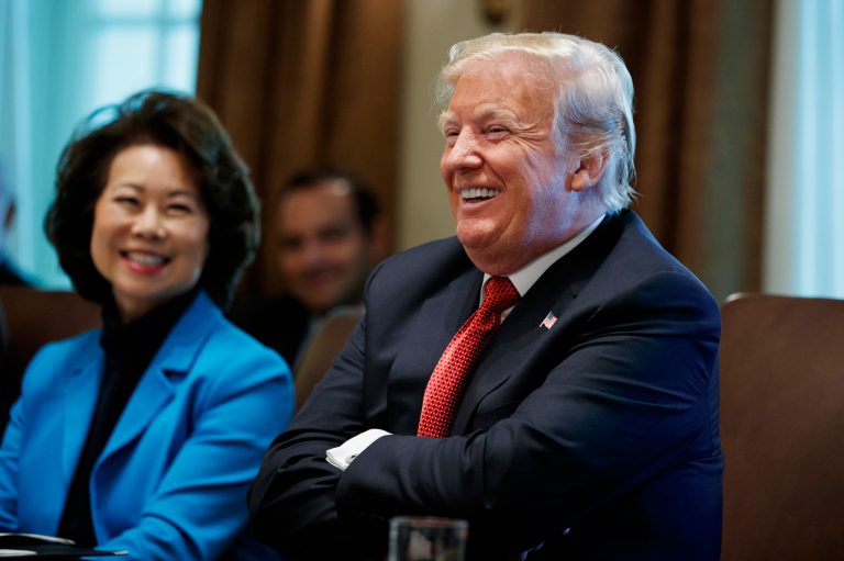 Secretary of Transportation Elaine Chao looks on as President Donald Trump smiles during a cabinet meeting in the Cabinet Room of the White House, Wednesday, Oct. 17, 2018, in Washington. Chao's ROUTES blueprint makes good on Trump's infrastructure agenda.