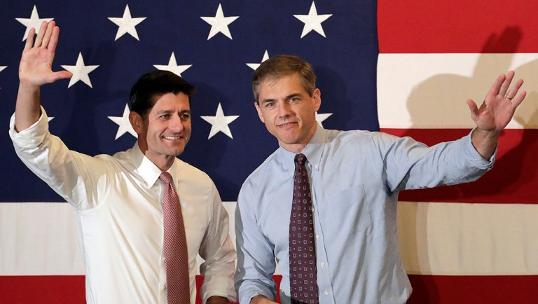 House Speaker Paul Ryan, left, and Jay Webber, Republican candidate for Congress in the 11th District of New Jersey, greet supporters during a campaign event.