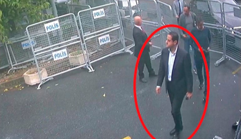 In a frame from surveillance camera footage taken Oct. 2, 2018, and published Thursday by the pro-government Turkish newspaper Sabah, a man identified by Turkish officials as Maher Abdulaziz Mutreb, walks toward the Saudi Consulate in Istanbul before writer Jamal Khashoggi disappeared.