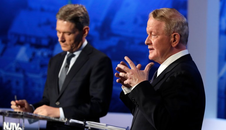 Republican candidate Leonard Lance, right, speaks during a Congressional District 7 debate with Democratic candidate Tom Malinowski, Wednesday, Oct. 17, 2018, in Newark, N.J.