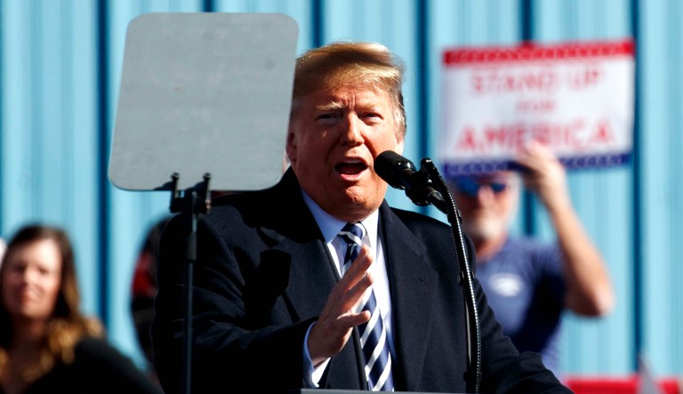 President Trump speaks at Elko Regional Airport on Saturday in Elko, Nev., during a campaign rally. 