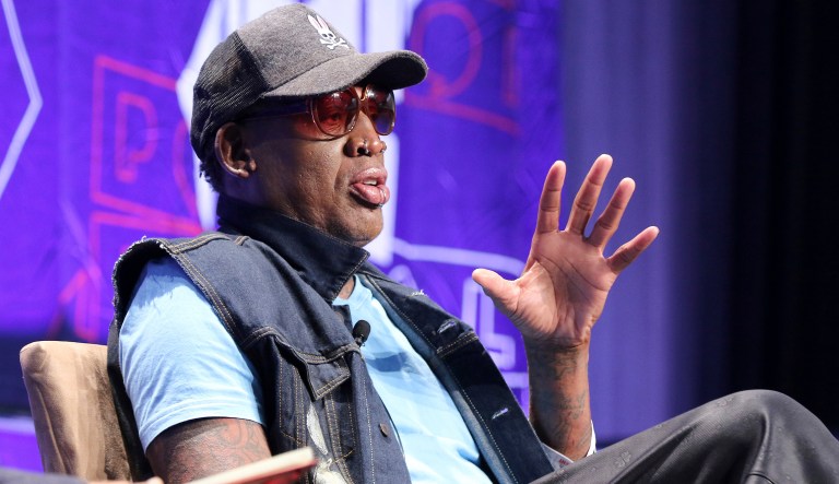 Dennis Rodman participates in the "Slam Dunk Diplomacy with Dennis Rodman" panel at Politicon at the Los Angeles Convention Center on Saturday, Oct. 20, 2018, in Los Angeles.