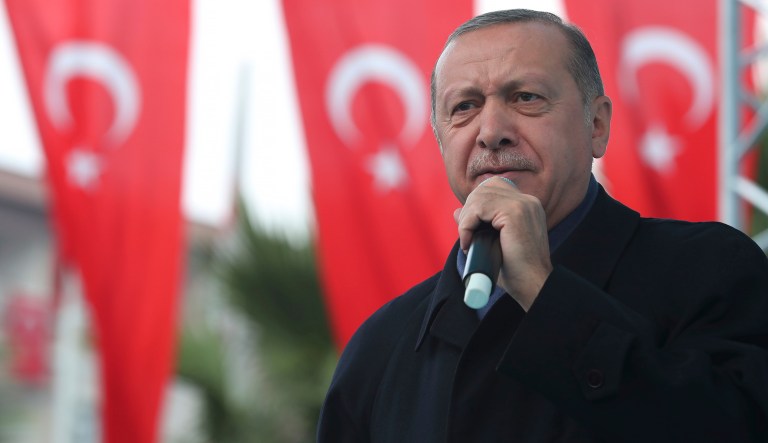 Turkish President Recep Tayyip Erdogan, delivers a speech at supporters in Istanbul, Sunday, Oct. 21, 2018. Erdogan says he will announce details of the Turkish investigation into the death of Saudi writer Jamal Khashoggi's on Tuesday.