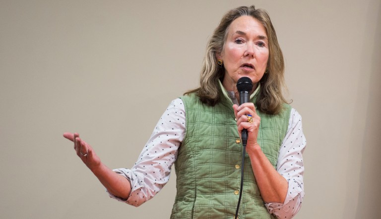 Leslie Cockburn, a Democratic candidate for Virginia's 5th District, speaks during a forum at the Lynchburg Regional Business Alliance in Lynchburg, Va.