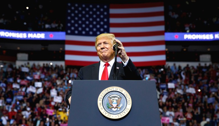President Trump arrives for a campaign rally.