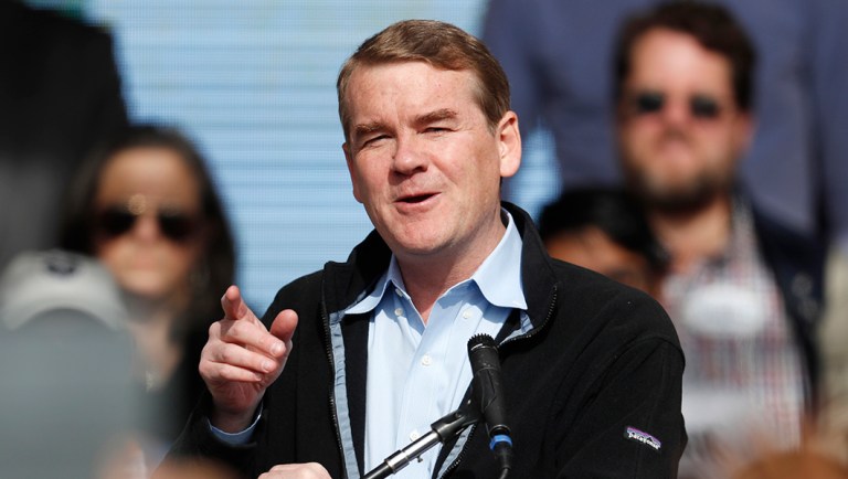Sen. Michael Bennet, D-Colo., speaks during a rally with young voters.