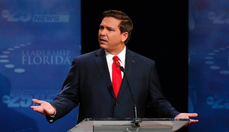 Florida Republican gubernatorial candidate Ron DeSantis reacts during a debate against Democrat Andrew Gillum, Wednesday, Oct. 24, 2018, at Broward College in Davie, Fla.