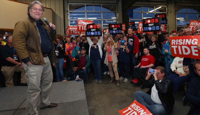 Former senior White House adviser Steve Bannon speaks during the Red Tide Rising Rally supporting Republican candidates, Wednesday, Oct. 24, 2018, in Elma, N.Y.