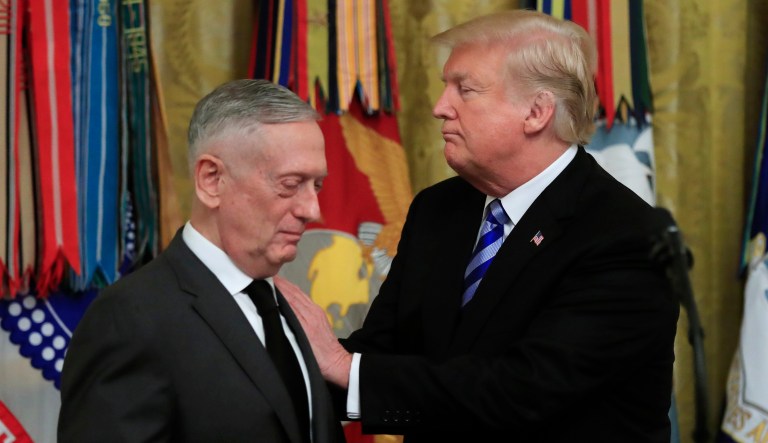 President Trump acknowledges Defense Secretary Jim Mattis during a reception commemorating the 35th anniversary of the attack on Beirut Barracks in the East Room at the White House in Washington, Thursday, Oct. 25, 2018.