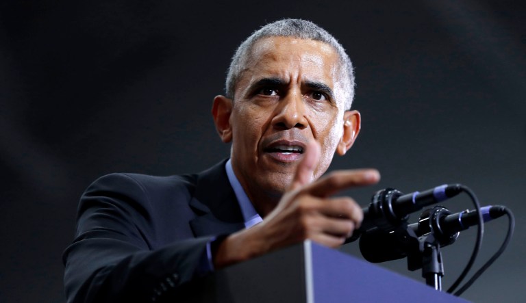 Former President Barack Obama speaks.