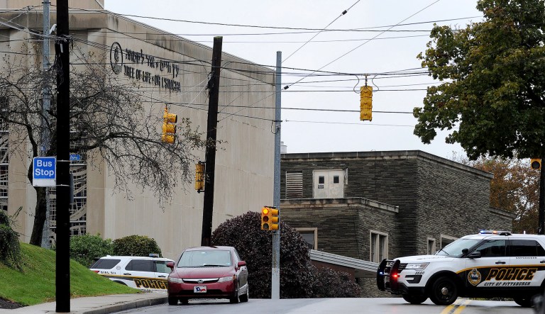 Police respond to an active shooter situation at the Tree of Life synagogue on Wildins Avenue in the Squirrel Hill neighborhood of Pittsburgh, Pa., on Saturday, October 27, 2018.