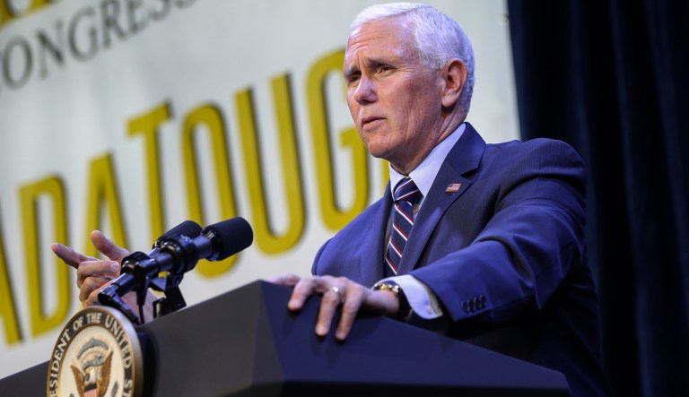 Vice President Mike Pence speaks in support of Cresent Hardy, Republican candidate for the 4th Congressional District, during a campaign event at the Sands Showroom in The Venetian in Las Vegas on Saturday, Oct. 27, 2018.