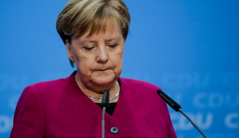 German Christian Democratic Party, CDU, chairwoman and Chancellor Angela Merkel addresses the media during a news conference after a party's leaders meeting at the headquarters the in Berlin, Germany, Monday, Oct. 29, 2018.