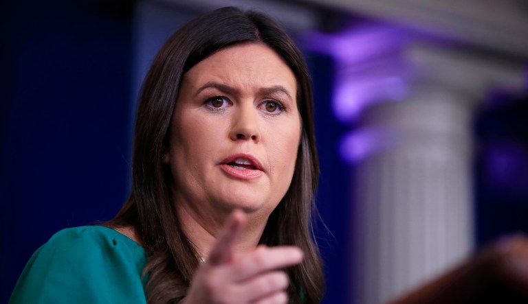 White House press secretary Sarah Sanders talks to reporters during the daily press briefing at the White House in Washington, Monday, Oct. 29, 2018.