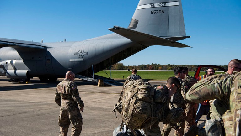 This Oct. 29, 2018 photo provided by the U.S. Air Force shows deployers from Headquarters Company.