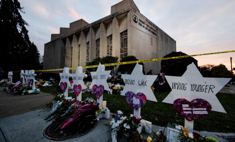 In this Oct. 29, 2018 photo, a makeshift memorial stands outside the Tree of Life synagogue in the aftermath of a deadly shooting at the in Pittsburgh. 