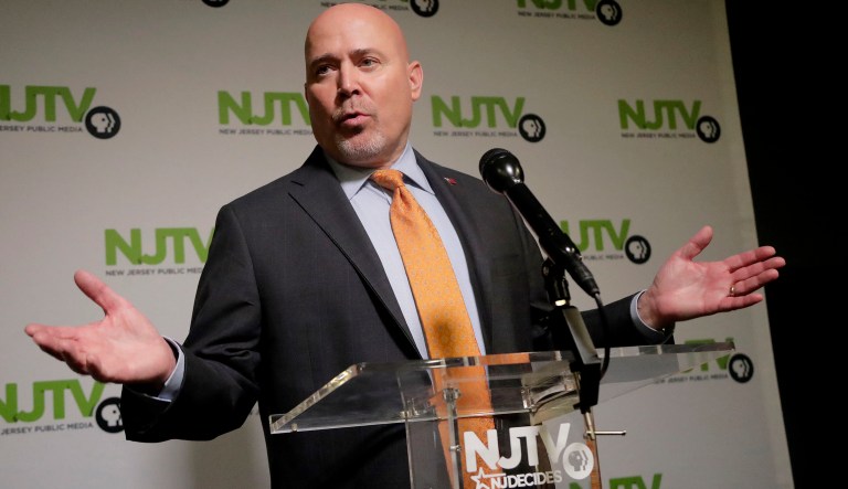 Tom MacArthur, the Republican candidate in the U.S. Congressional District 3 race, speaks to reporters after a debate with Democratic candidate Andy Kim, Wednesday, Oct. 31, 2018, in Newark, N.J.