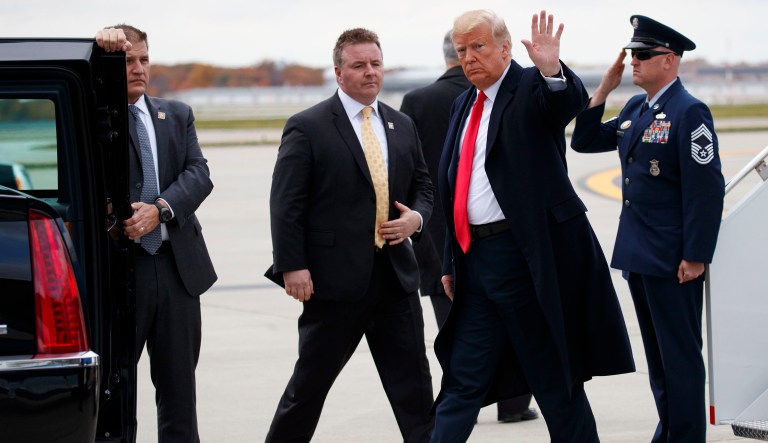 President Donald Trump arrives on Air Force One, Monday, Nov. 5, 2018, at Cleveland Hopkins International Airport in Cleveland, en route to the IX Center for a rally.