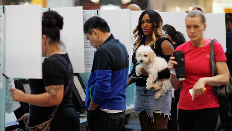 Latoya Gresham holds her dog Cash as she votes at a mall.