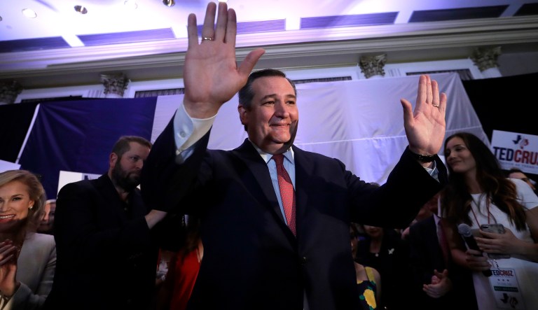 Sen. Ted Cruz, R-Texas, raises his hands while delivery his victory speech during an election night party, Tuesday, Nov. 6, 2018, in Houston.