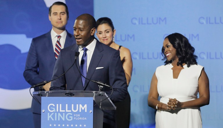 Florida Gubernatorial Democratic candidate Mayor Andrew Gillum gives his concession speech along side his wife First Lady R. Jai Gillum, running mate Chris King and his wife Kristen King on the campus Florida A&M University in Tallahassee, Fla., on Tuesday, Nov. 6, 2018.