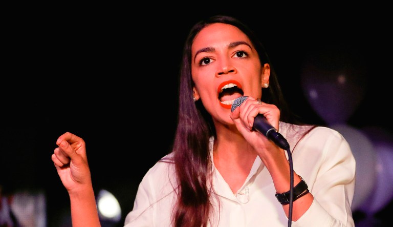 New York Democratic candidate Alexandria Ocasio-Cortez speaks to supporters after defeating Republican challenger Anthony Pappas in the race for the 14th Congressional District of New York.