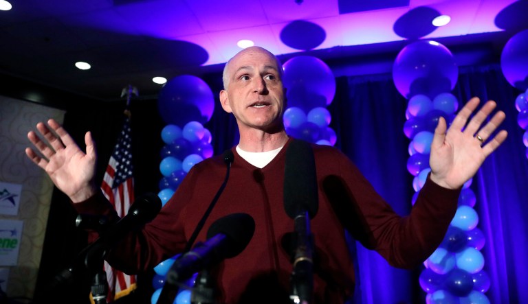 Rep. Adam Smith speaks to the crowd at an election night party for Democrats Tuesday, Nov. 6, 2018, in Bellevue, Wash.