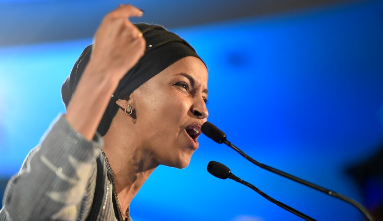 Democrat Ilhan Omar speaks after winning in Minnesota's 5th Congressional District race during the election night event held by the Democratic Party Tuesday, Nov. 6, 2018, in St. Paul, Minn.