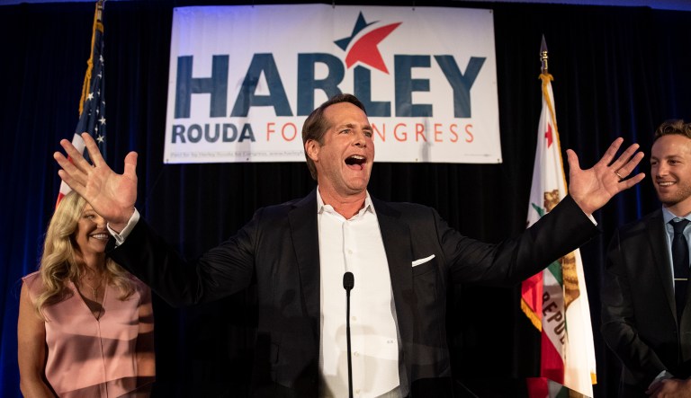 Harley Rouda, Democratic congressional candidate in the 48th district, addresses his supporters at his election night party Tuesday, Nov. 6, 2018, in Newport Beach, Calif. 