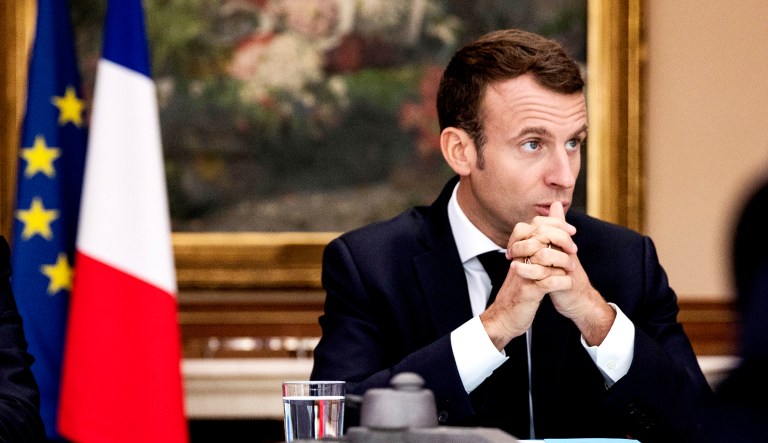 French President Emmanuel Macron chairs a meeting in Charleville-Mezieres, northeastern France, on Wednesday.