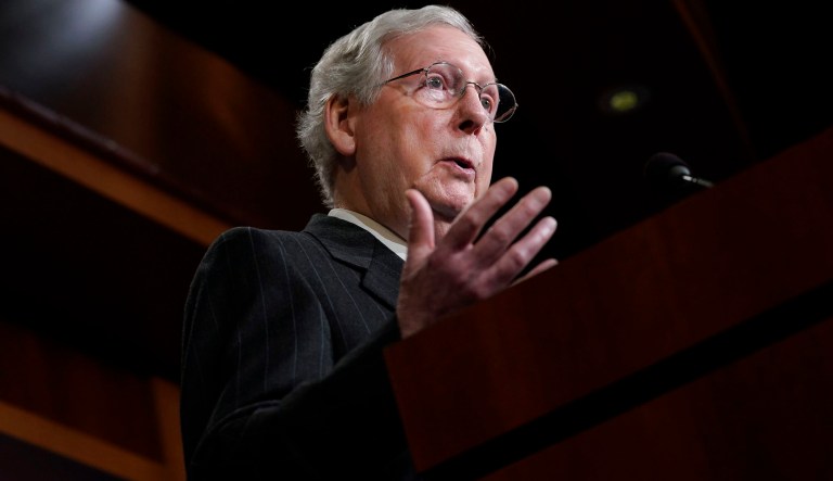 Senate Majority Leader Mitch McConnell of Ky., gestures while speaking to members of the media at the Capitol in Washington, Wednesday, Nov. 7, 2018.