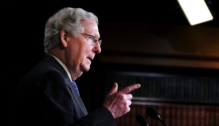 Senate Majority Leader Mitch McConnell of Ky., speaks to members of the media at the Capitol in D.C.