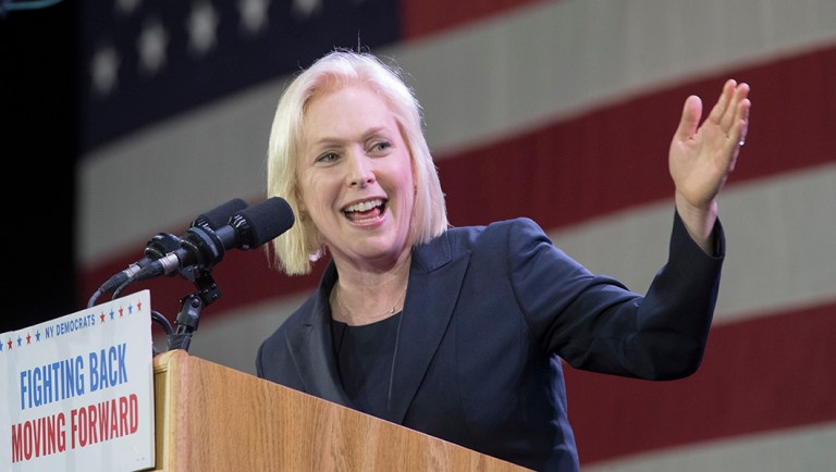 Sen. Kirsten Gillibrand, D-N.Y., speaks to supporters during an election night watch party hosted by the New York State Democratic Committee, Tuesday, Nov. 6, 2018, in New York.