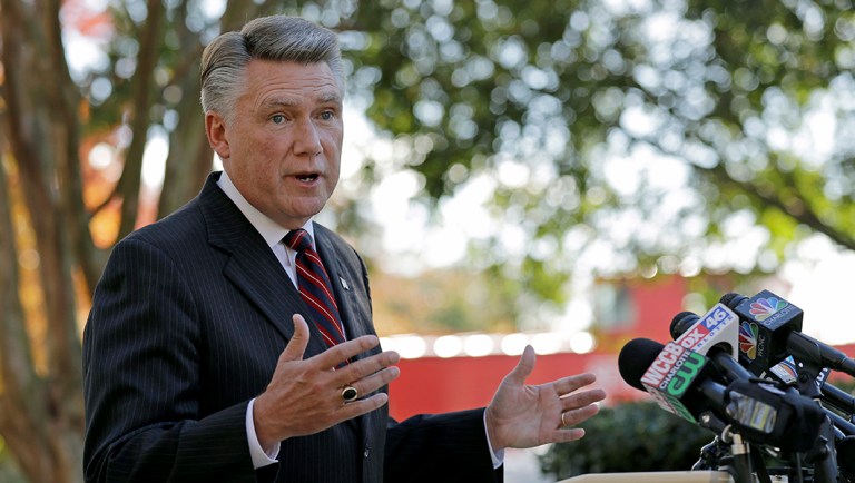Mark Harris speaks to the media during a news conference in Matthews, N.C.