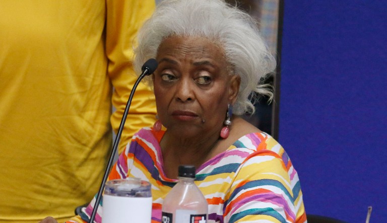 Brenda Snipes, Broward County supervisor of elections, speaks with officials before a canvasing board meeting Friday, Nov. 9, 2018, in Lauderhill, Fla.