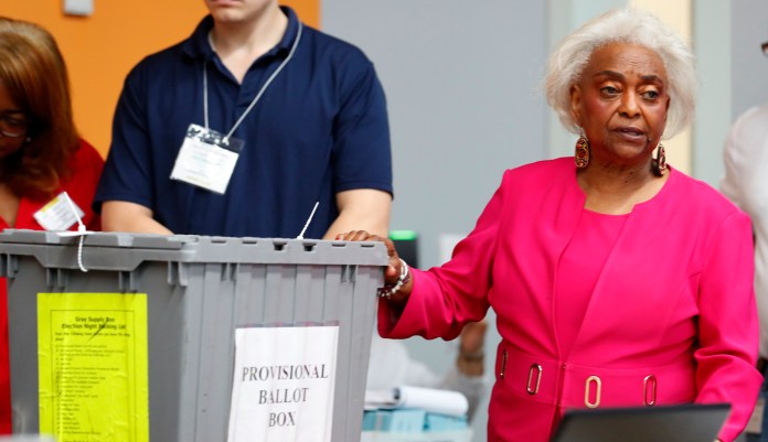 Broward County Supervisor of Elections Brenda Snipes shows a ballot box that was found in a rental car after the elections and turned out to only contain Election Day supplies, as election employees sort ballots and prepare to count them, Monday, Nov. 12, 2018, in Lauderhill, Fla.