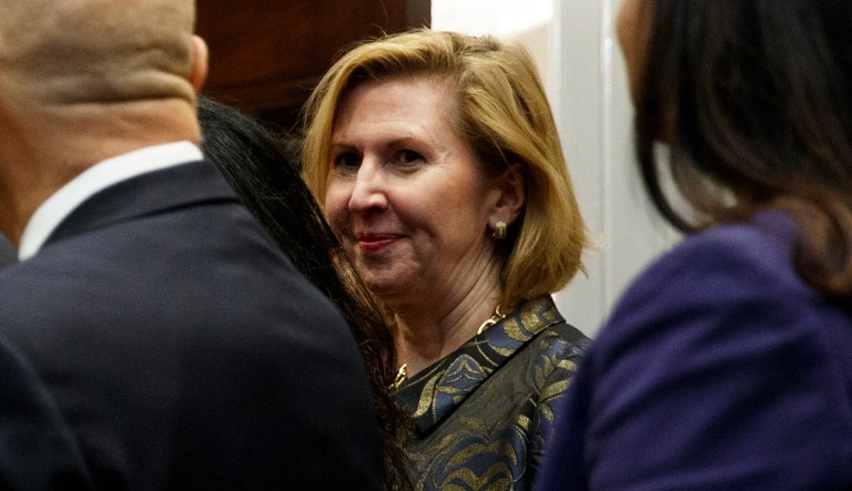 Deputy national security adviser Mira Ricardel watches as President Trump arrives for a Diwali ceremonial lighting of the Diya in the Roosevelt Room of the White House, Tuesday, Nov. 13, 2018, in Washington.