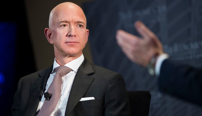 In this Sept. 13, 2018, file photo Jeff Bezos, Amazon founder and CEO, speaks at The Economic Club of Washington's Milestone Celebration in Washington.