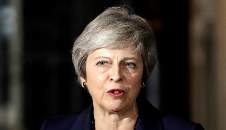Britain's Prime Minister Theresa May delivers a speech outside 10 Downing Street in London on Wednesday.