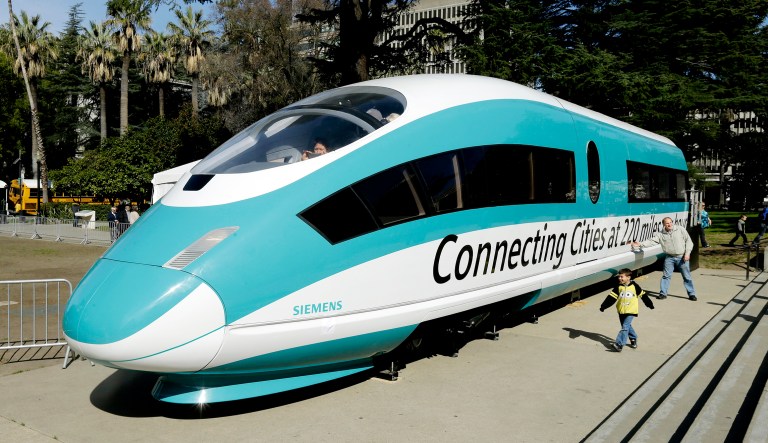 This shows a full-scale mock-up of a high-speed train, displayed at the Capitol in Sacramento, Calif.