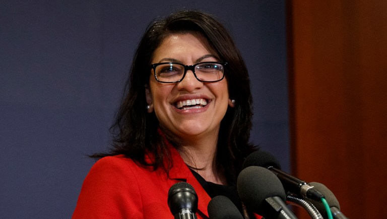 Rep.-elect Rashida Tlaib, D-Mich., pauses to speak to media.