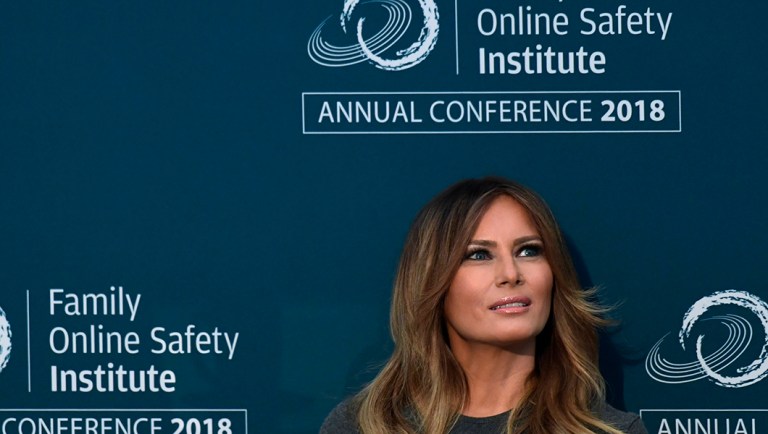 First lady Melania Trump listens at the Family Online Safety Institute annual conference in Washington.