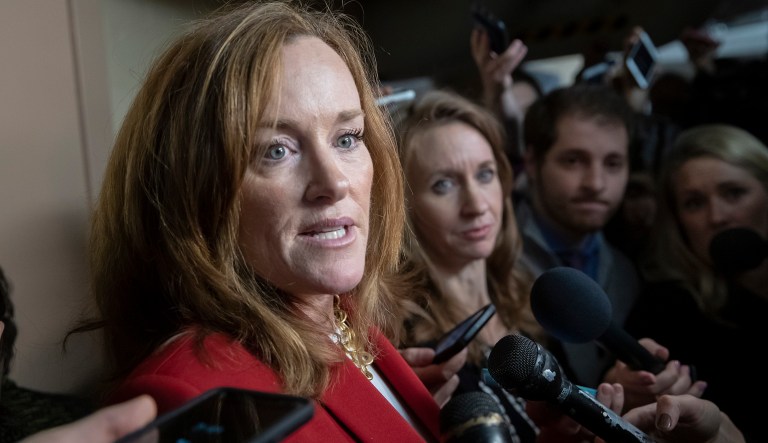 Rep. Kathleen Rice, D-N.Y., talks to reporters about her opposition to House Minority Leader Nancy Pelosi, D-Calif., becoming the speaker of the House when the Democrats take the majority in the 116th Congress, in the basement of the Capitol in Washington, Thursday, Nov. 15, 2018.