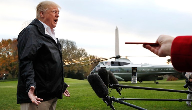 President Donald Trump answers a question from a member of the media as he leaves the White House, Saturday Nov. 17, 2018, in Washington, en route to see fire damage in California.