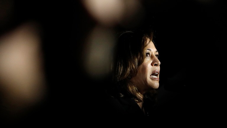 Sen. Kamala Harris, D-Calif., speaks at a rally.